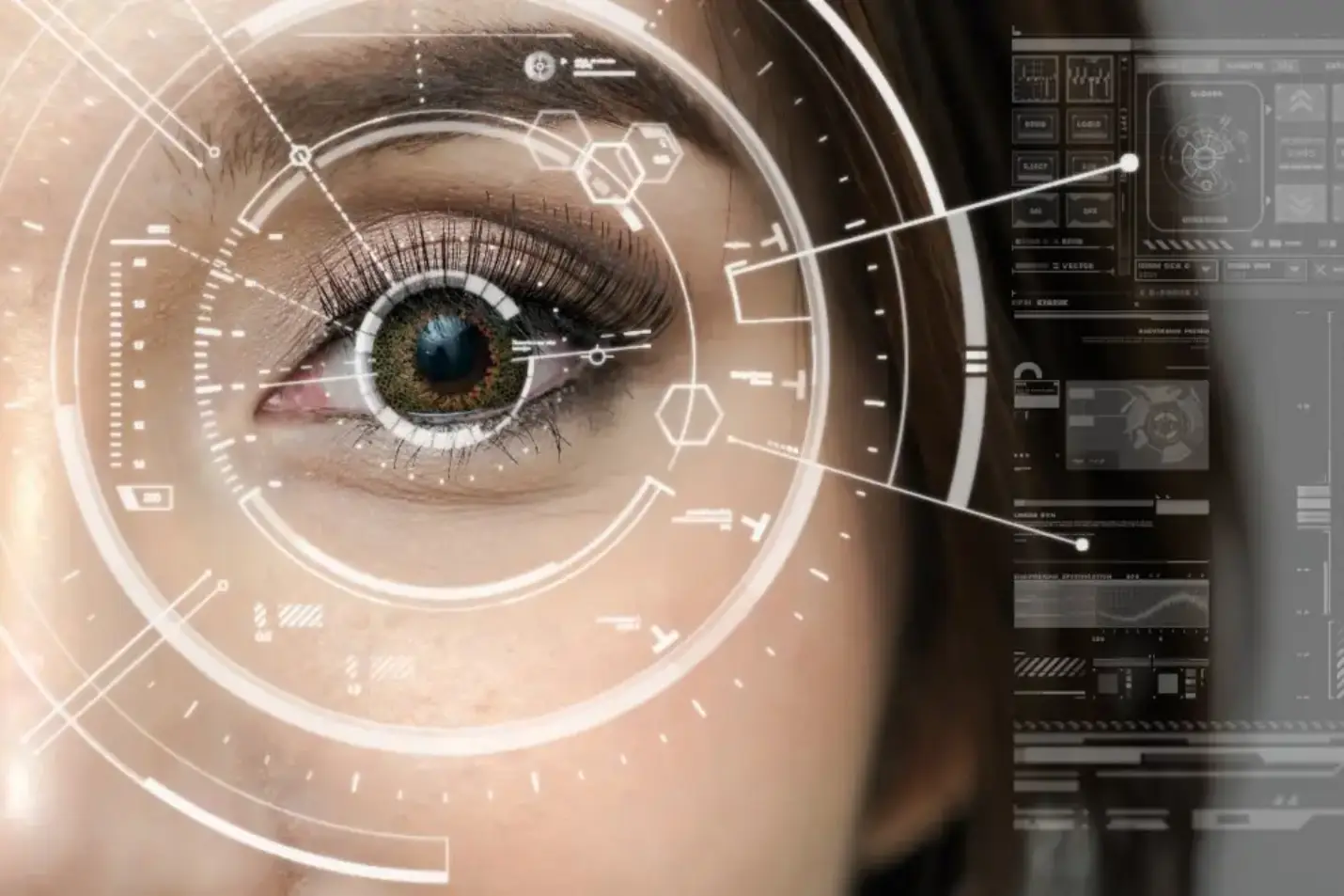 A woman 's eye with futuristic technology in the background.